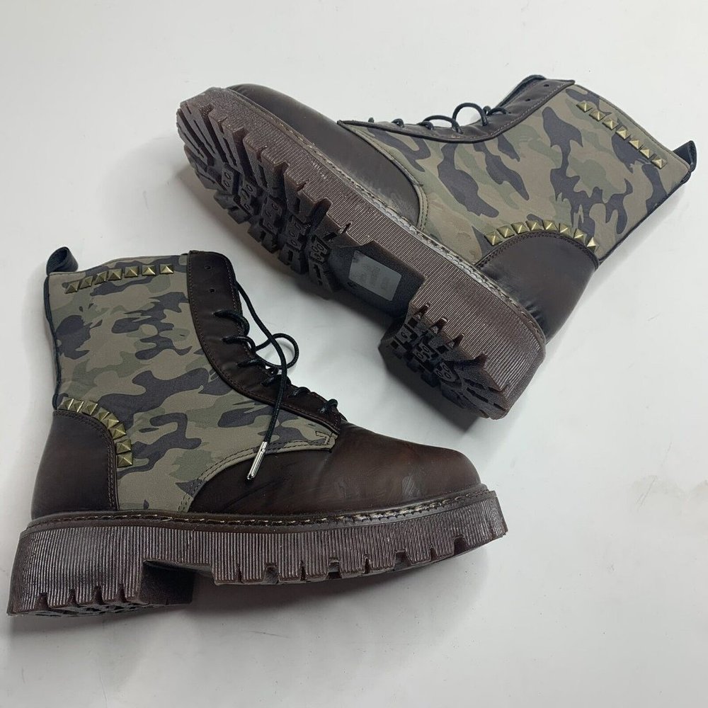 AMS Dream Green Brown Camo Studded Lace Up Ankle Boots